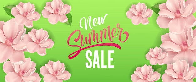 New summer sale lettering. seasonal banner with pink flowers on green background.