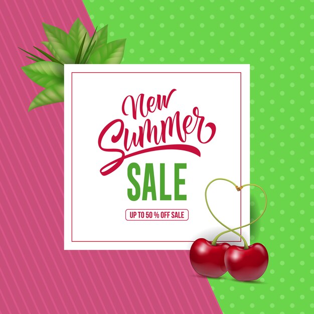 New summer sale lettering with cherries. Summer offer or sale advertising