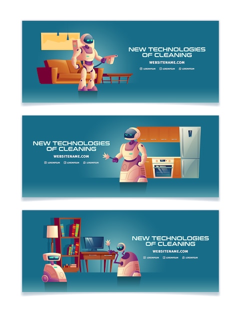 Free vector new technologies in home cleaning cartoon banner or landing page templates set with futuristic robotic servants