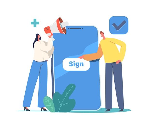 New user online registration and sign up concept. tiny characters signing up on huge smartphone with secure password and login for account. mobile app, web access. cartoon people vector illustration