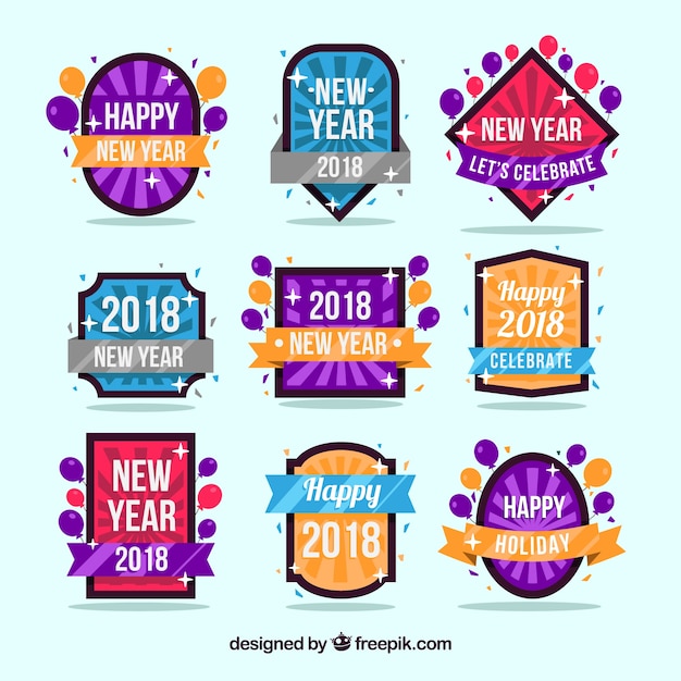 Free vector new year 2018 badge collection with sunburst