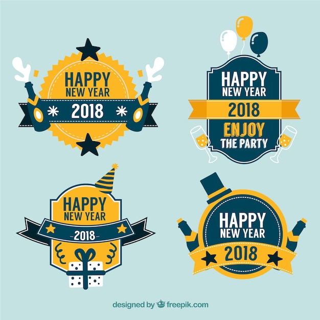 Free vector new year 2018 badge collection in yellow and blue