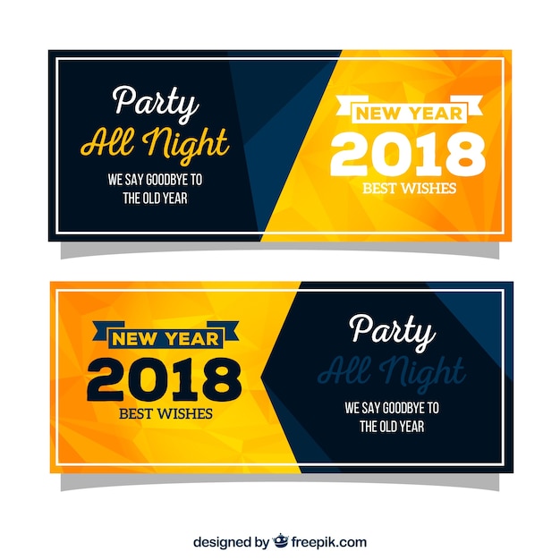 Vettore gratuito banner festa di capodanno 2018 in nero e giallo
