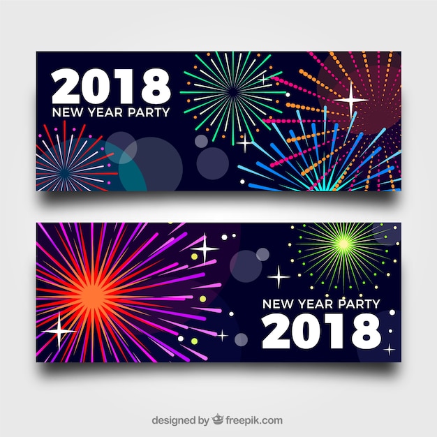 Free vector new year 2018 party banners with fireworks