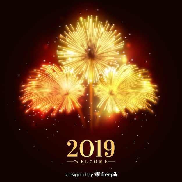 Vettore gratuito anno nuovo banner 2019 con fuochi d'artificio