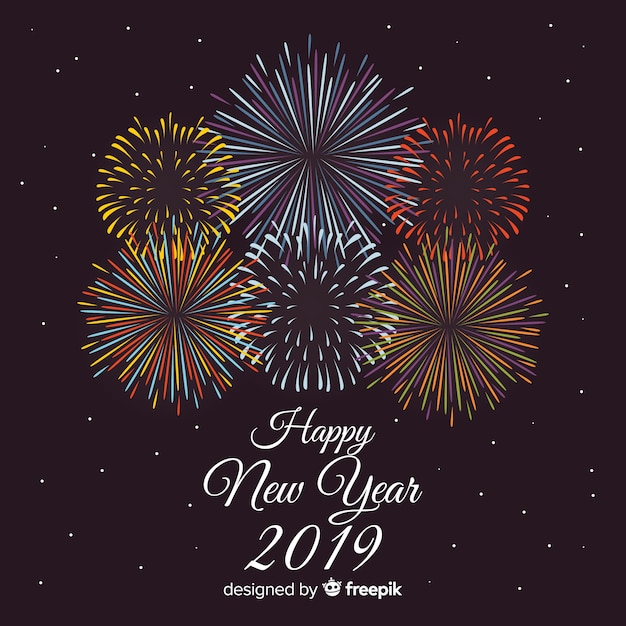 Vettore gratuito composizione del nuovo anno 2019 con fuochi d'artificio