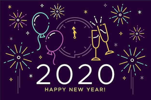 Vettore gratuito sfondo del nuovo anno 2020 in stile contorno