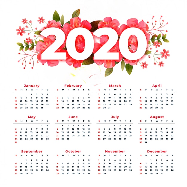 New year 2020 calendar with flower decoration