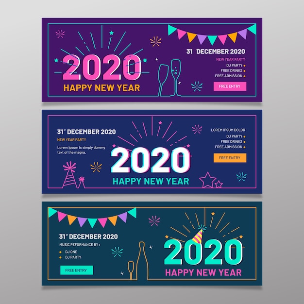 Free vector new year 2020 party banners in flat design