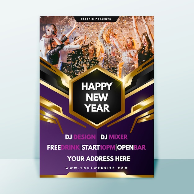 Free vector new year 2020 party poster template with photo