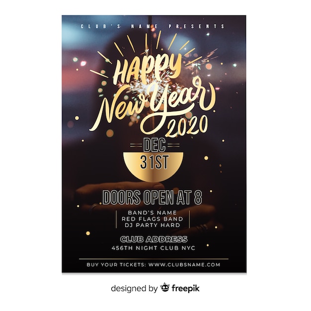 Free vector new year 2020 party poster template with photo