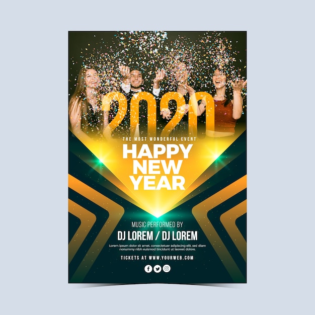 Free vector new year 2020 party poster template with photo