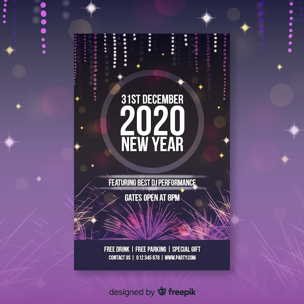 Poster del nuovo anno 2020 con fuochi d'artificio