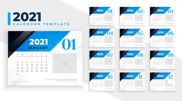 Disegno del calendario del nuovo anno 2021 in stile forme geometriche blu