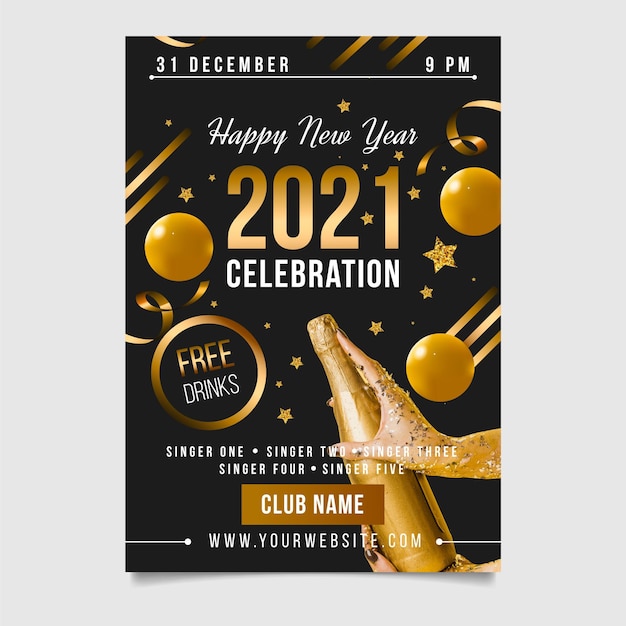 New year 2021 party flyer with balloons and champagne