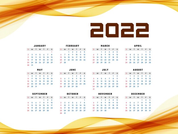 Vettore gratuito vettore di disegno dell'onda giallo brillante del calendario del nuovo anno 2022