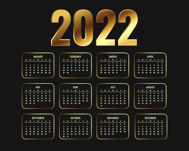 황금 스타일의 새해 2022 달력 디자인