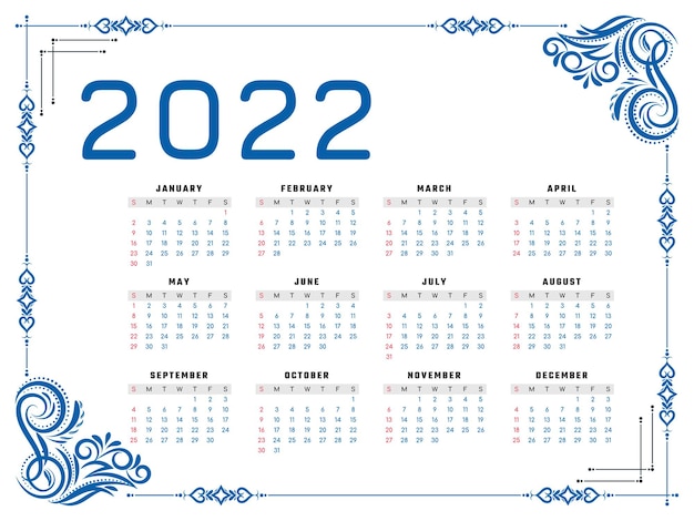 Новый год 2022 календарь цветочная рамка дизайн вектор