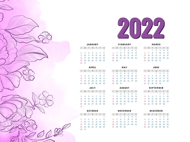 Free vector new year 2022 calendar pink watercolor flower design vector