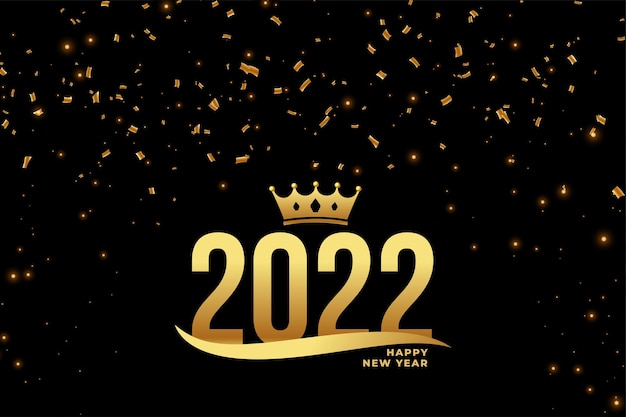 New year 2022 greeting with falling golden confetti  and crown