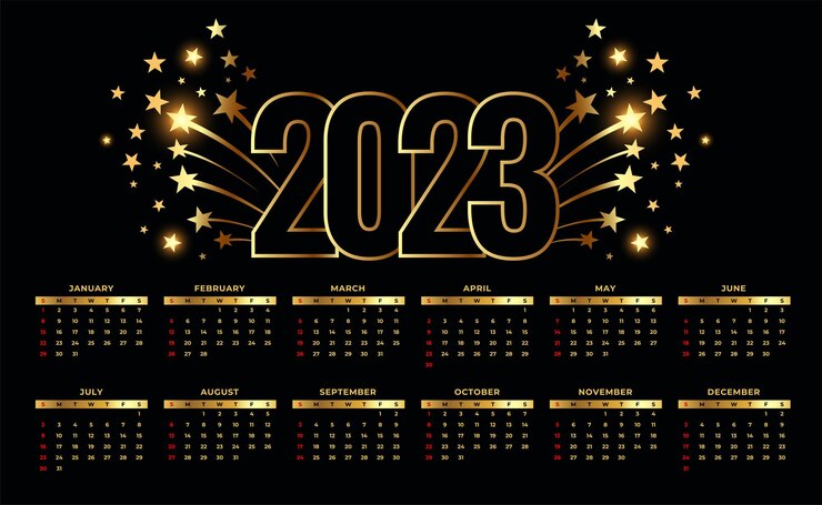 Free Vector new year 2023 calendar template with bursting star