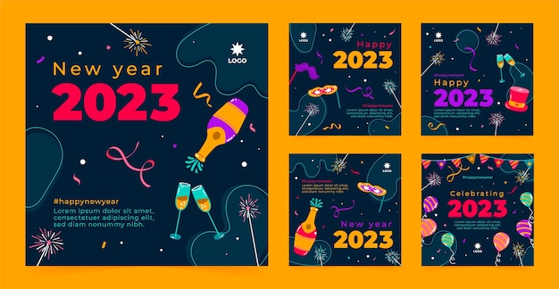Бесплатное векторное изображение Коллекция постов в instagram с празднованием нового 2023 года