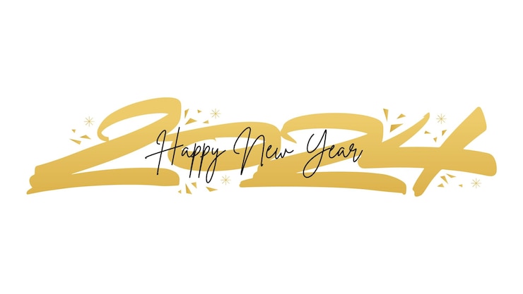Free Vector new year 2024 brushed hand lettering gold calligraphic composition vector holiday design