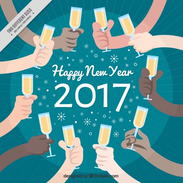 Free vector new year background of hands with champagne glasses