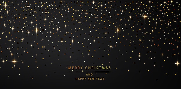 Sfondo del nuovo anno. particelle dorate scintillanti su uno sfondo scuro. illustrazione di vettore di auguri per le vacanze.