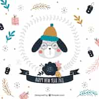 Free vector new year background with a cute dog wearing hat and glasses