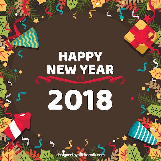 New year background with a frame of decorations, leaves, presents and confetti