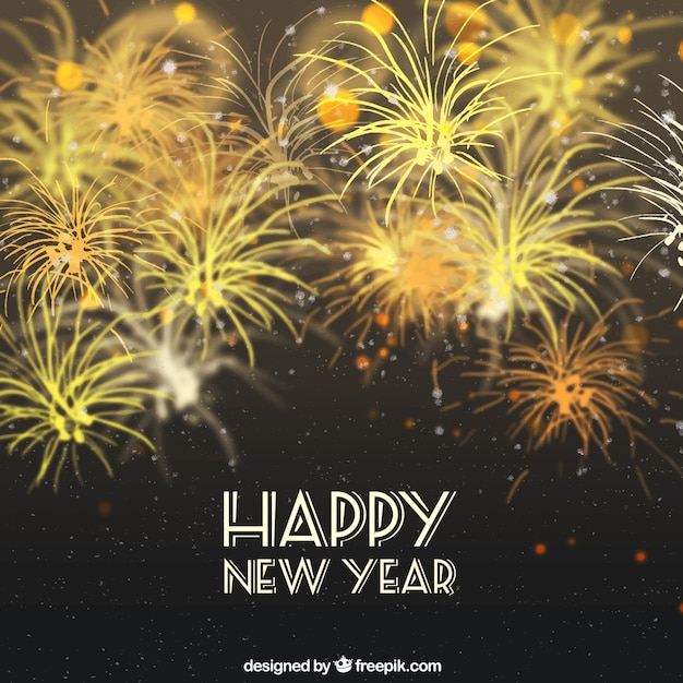Vettore gratuito anno nuovo sfondo con fuochi d'artificio disegnati a mano