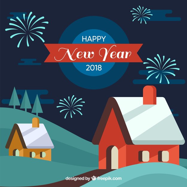 New year background with houses in flat design