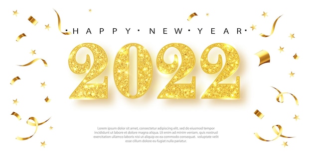 New year banner. 2022 gold glitter numbers with falling confetti ribbons. Banner for Christmas and winter holiday headers, party flyers