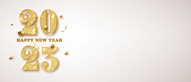 Бесплатное векторное изображение Новогодний баннер с золотыми блестящими номерами 2023 на рождество и зимние праздники заголовки листовки для вечеринок