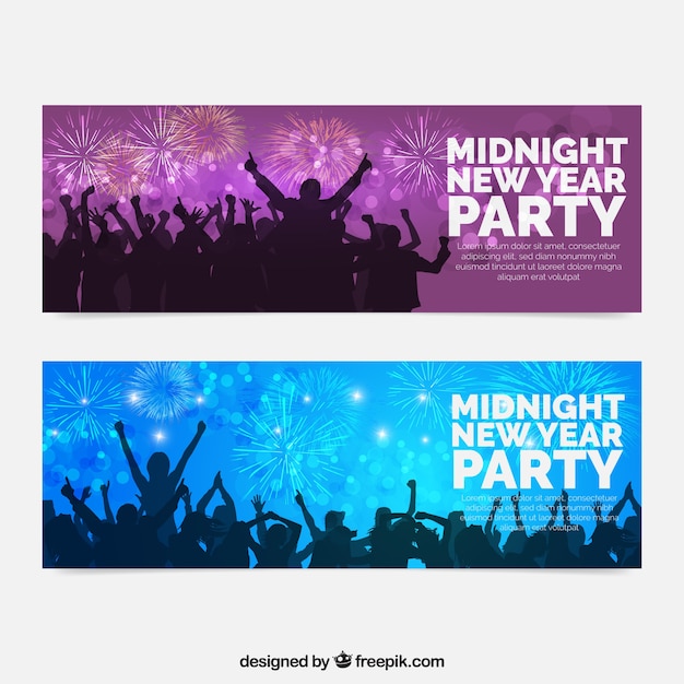 Free vector new year banners with silhouettes and fireworks