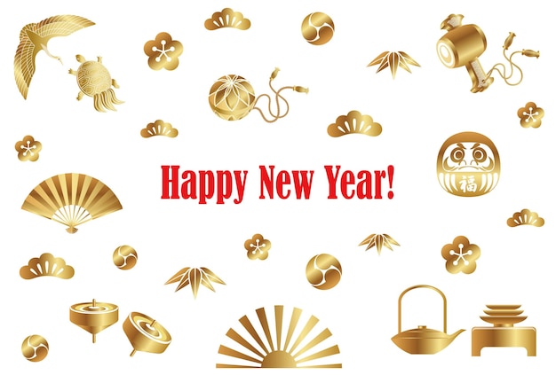 New Year Card Template With Japanese Lucky Charms In Gold. Vector Illustration.