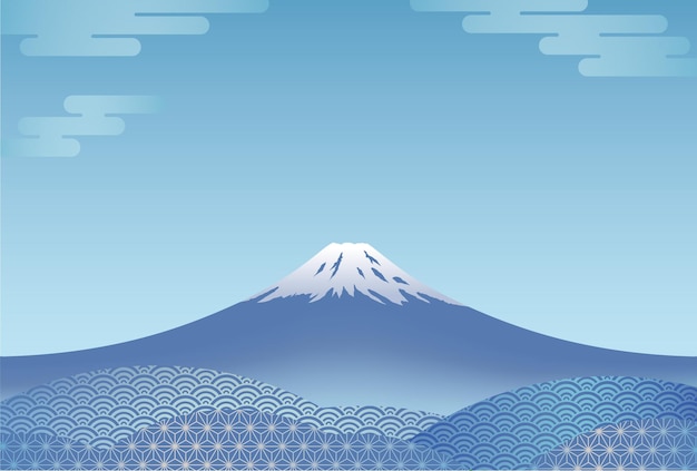 빈티지 일본 패턴으로 장식 된 블루 후지산으로 새 해 카드 벡터 템플릿.