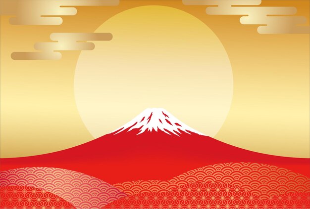 붉은 후지산과 금색 배경에 떠오르는 태양이 있는 새해 카드 벡터 템플릿.