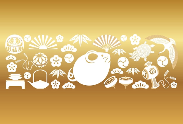 Free vector new year card vector template with the year of the rat icon and a variety of japanese lucky charms.