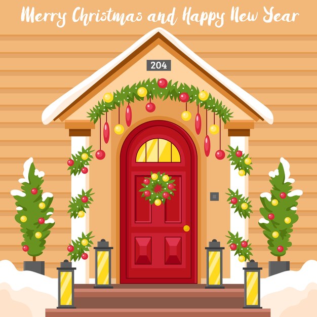 New Year Card With House Decorated For Christmas 