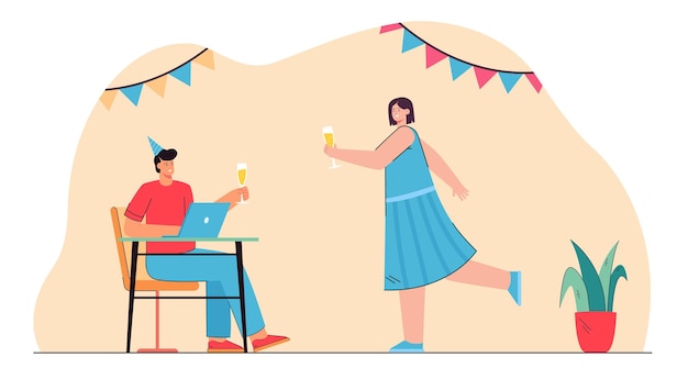 New year or christmas home party of happy couple. man and woman with wine glasses flat vector illustration. winter holiday celebration at home concept for banner, website design or landing web page