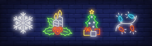 Simboli di decorazione di capodanno impostati in stile neon