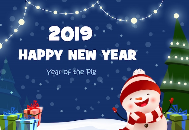 New Year festive poster design with cheerful snowman