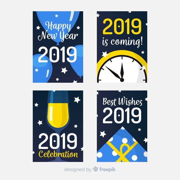 New year flat elements cards pack