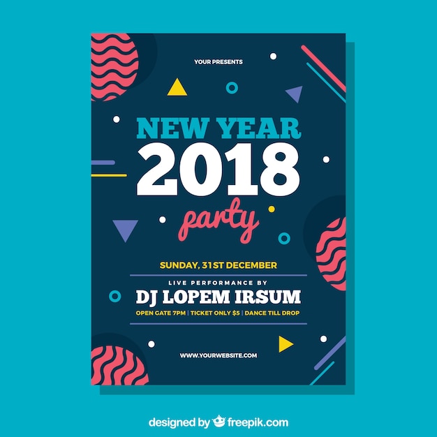 Free vector new year flyer template in memphis style