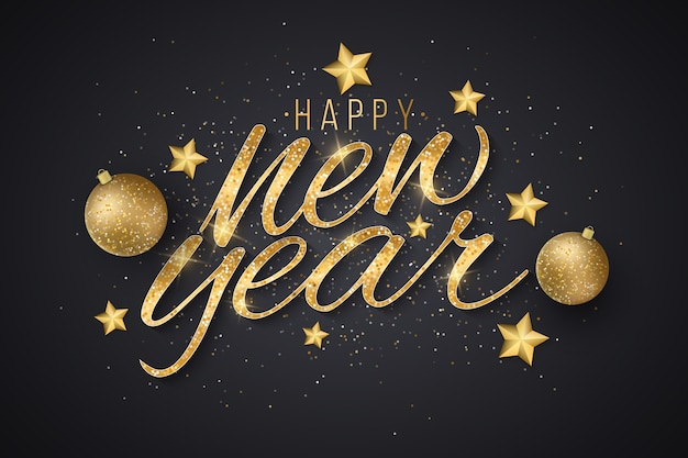 New year golden glittering lettering with decorations from golden stars and festive balls on a dark background.