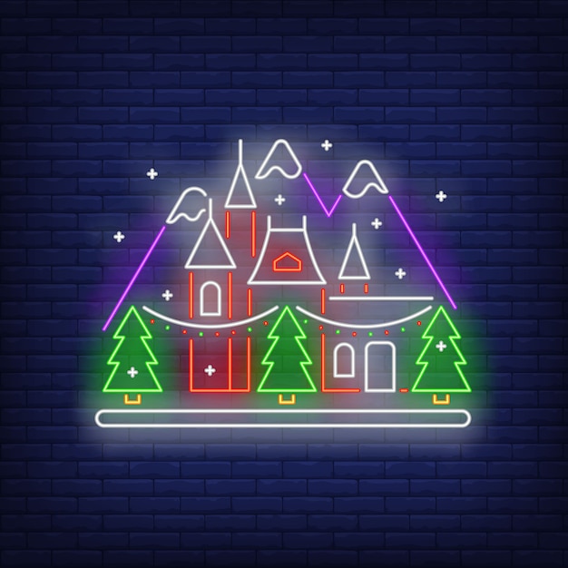 Free vector new year house in mountains neon sign