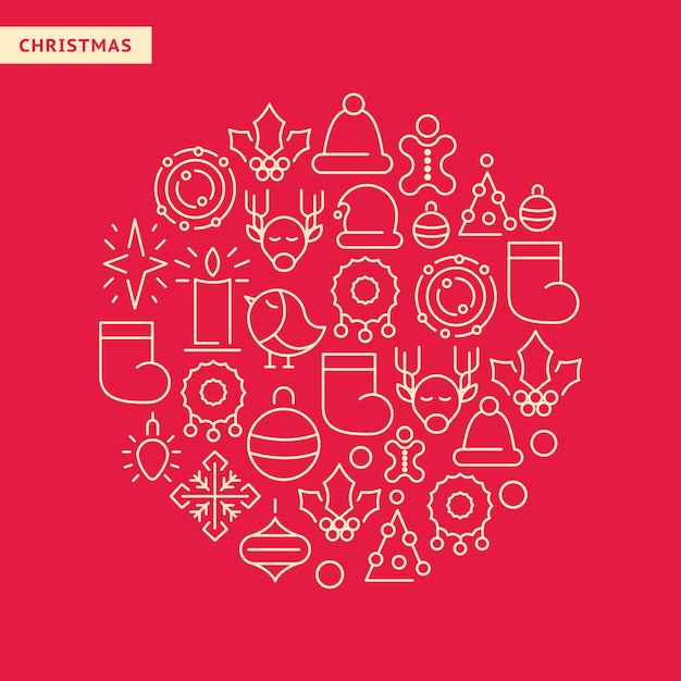 Новогодний набор иконок с рождественскими элементами круглой формы на красном