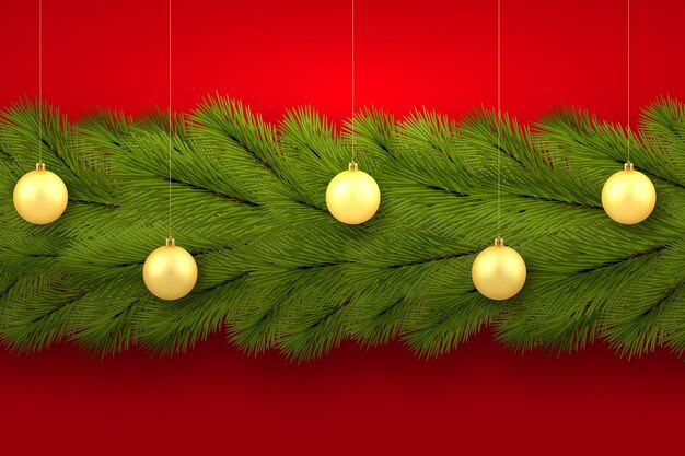 New year, merry christmas greeting card. festive background. tree branches are arranged horizontally. christmas toys, golden balls. against the backdrop of the red wall. 10 eps